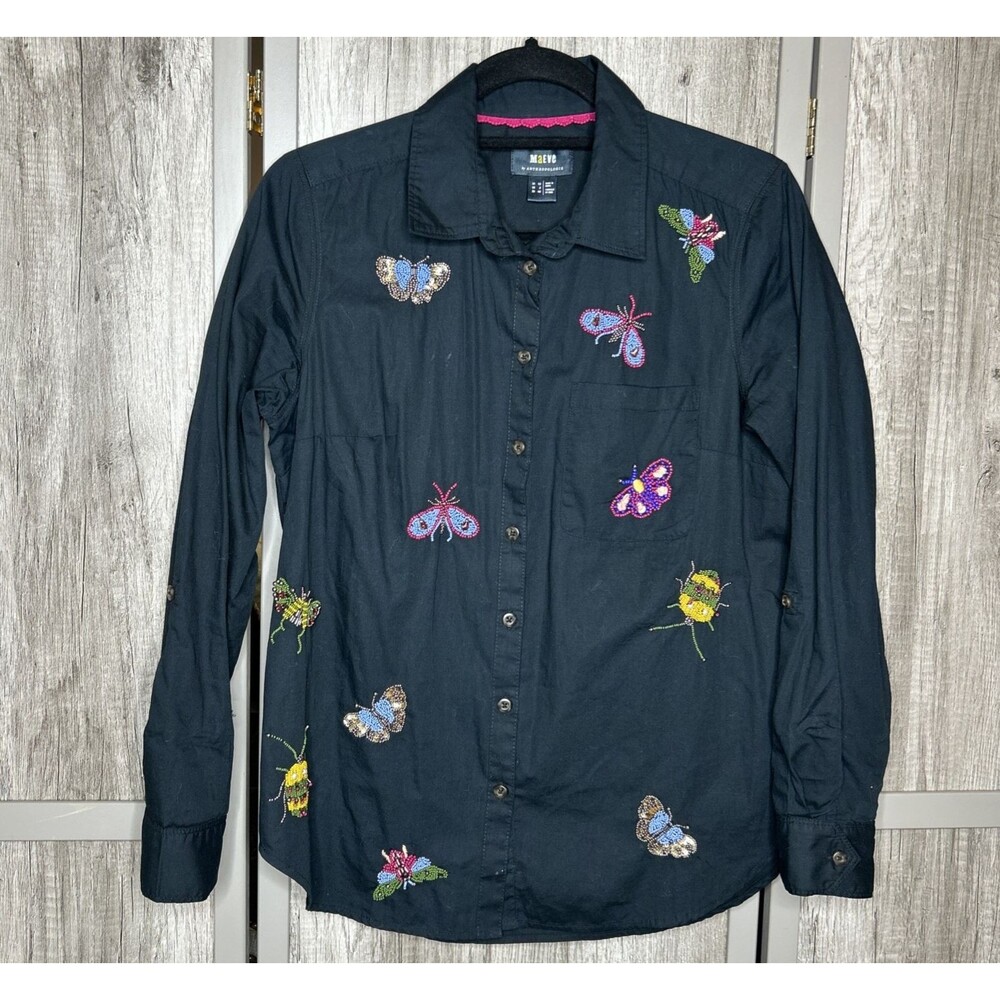 Maeve Top Button Down Embellished Beaded Butterflied Bugs Black